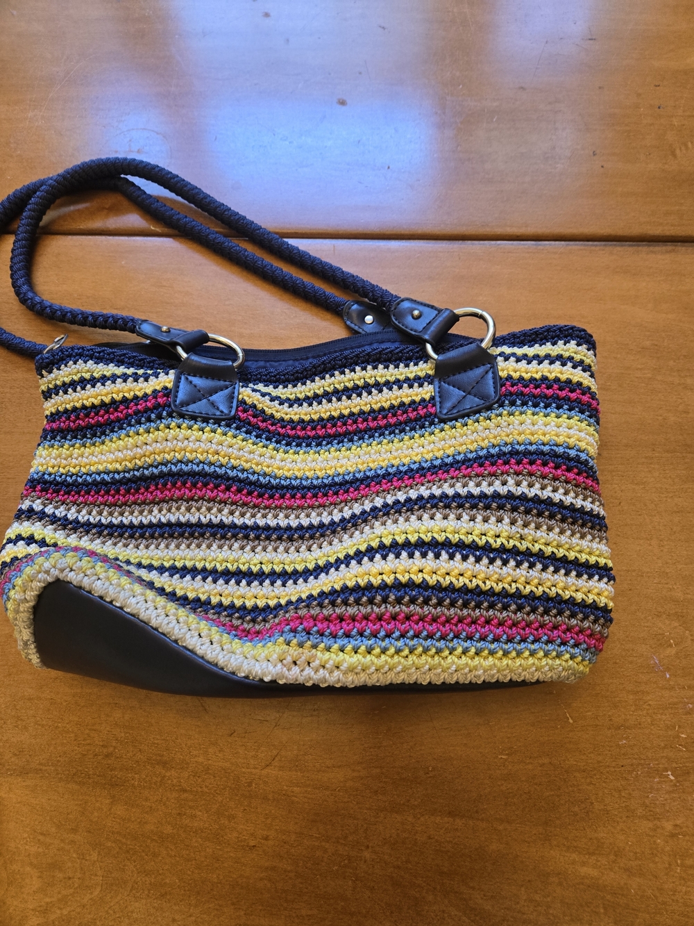 Striped Crochet Shoulder Bag in Yellow, Pink & Navy